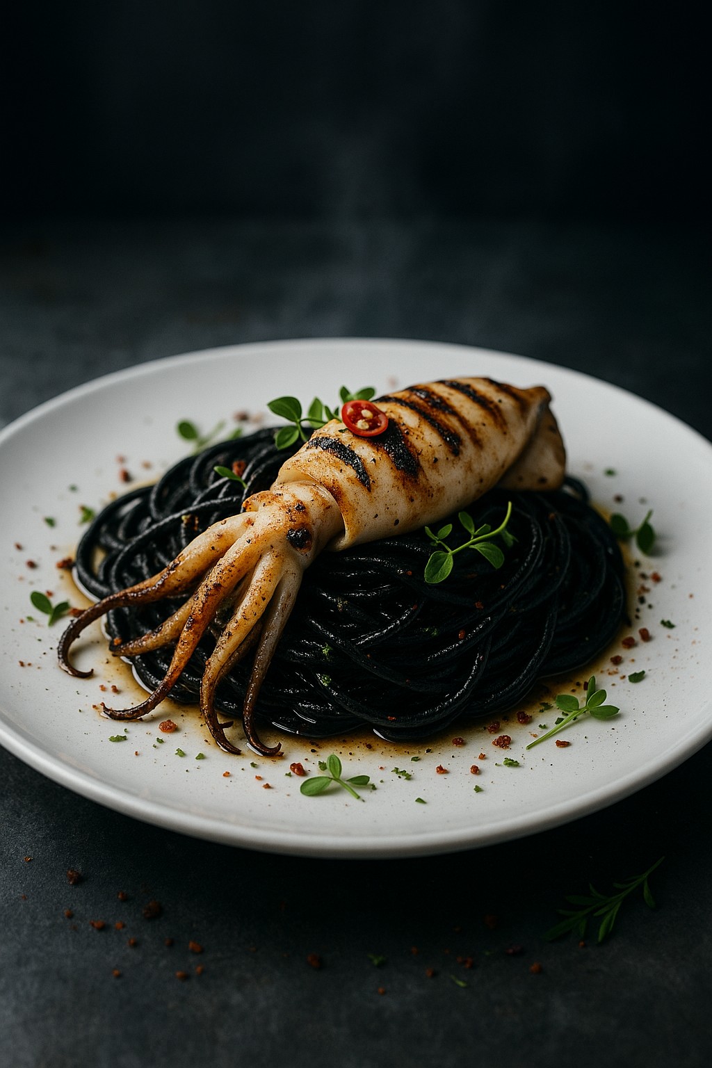 Squid ink pasta with whole grilled squid at Chef Hantu